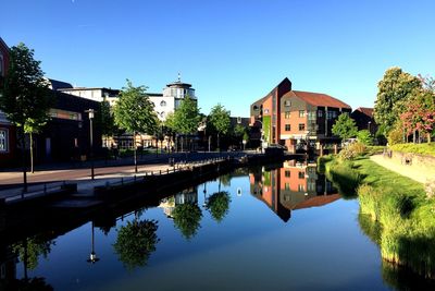 Reflection of trees and buildings in lake