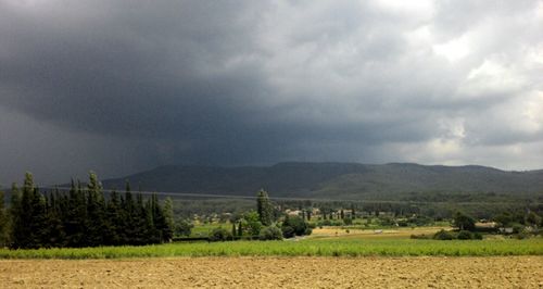 Scenic view of field against cloudy sky