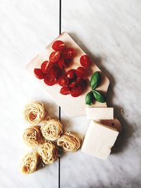 High angle view of strawberries on table