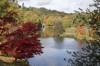 Scenic view of lake in forest against sky during autumn