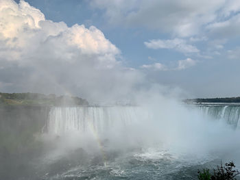 Scenic view of waterfall against cloudy sky