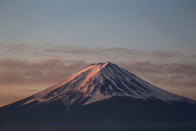 Scenic view of snowcapped mountain against sky during sunset