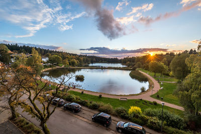 Panoramic view of lake against sky during sunset