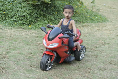 Portrait of boy riding motor scooter on field