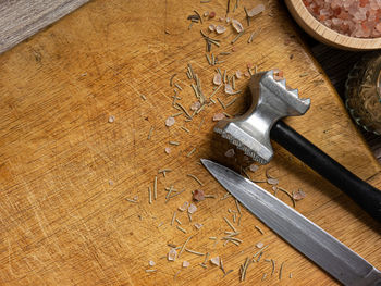 High angle view of wood on table