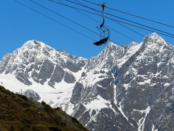 Low angle view of snow covered mountain against clear sky