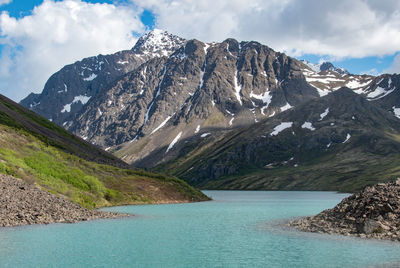 Scenic view of lake and mountains against sky