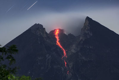 Volcanic erupting on mountain against sky