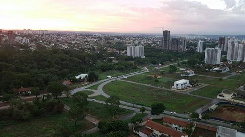 High angle view of cityscape against sky