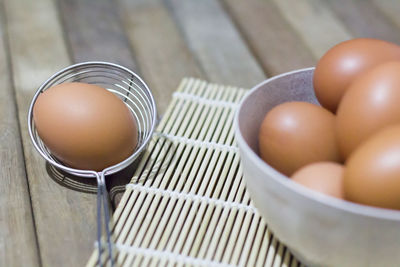 High angle view of eggs in bowl