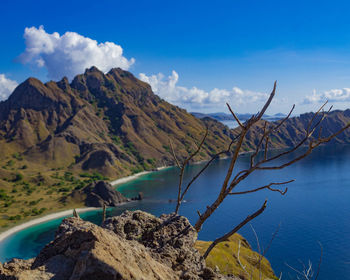 Scenic view of sea and mountains against blue sky