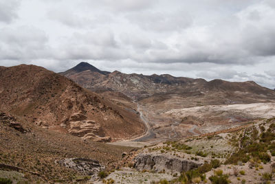 Scenic view of mountains against cloudy sky