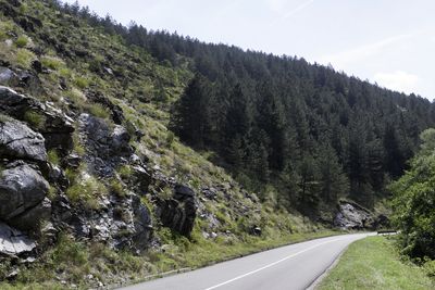 Road amidst trees and mountains against sky