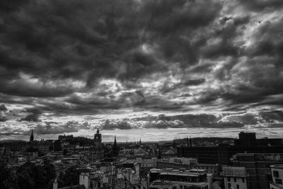 High angle shot of cityscape against cloudy sky