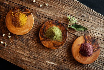 Various herbs and spices on wooden table