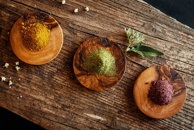 High angle view of food on wooden table