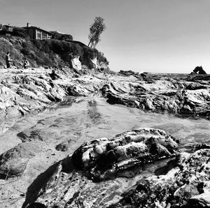 Scenic view of rocks in sea against clear sky