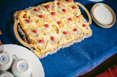 High angle view of dessert in plate on table