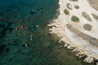 Team of people kayaking in the sea near a white rocky coastline. athletic sports in cyprus