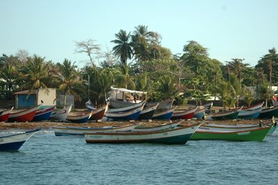 Boats moored in sea against clear sky