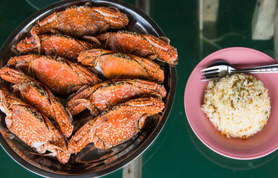 High angle view of meal served on table