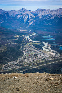 High angle view of snowcapped mountains against sky