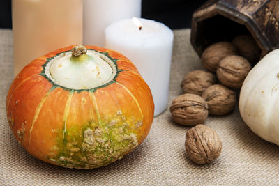 Close-up of pumpkins on table