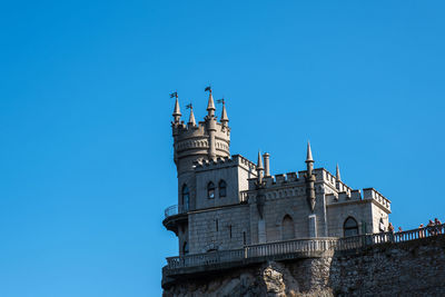 Low angle view of historical building against clear blue sky