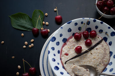 High angle view of fruits in plate on table