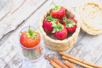 High angle view of strawberries on table