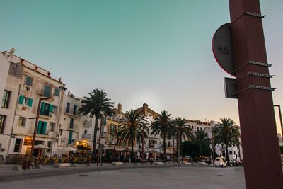 Palm trees in city against clear sky