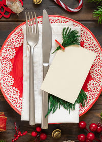 High angle view of christmas decoration on table