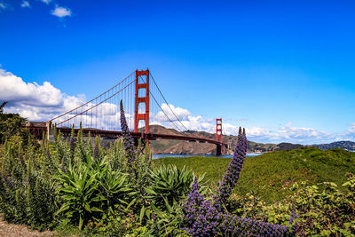 View of suspension bridge against cloudy sky