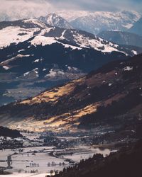 Aerial view of snowcapped mountain at night