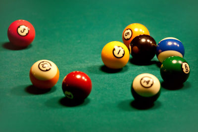 High angle view of pool balls on table