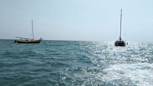 Sailboat sailing on sea against sky