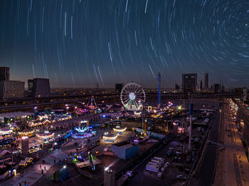 High angle view of city at night