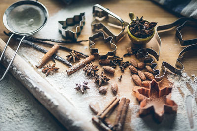 High angle view of objects on table