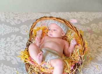 High angle view of baby in decorated basket at home during easter