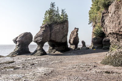 Rock formation on beach against clear sky