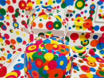 High angle view of multi colored candies on table