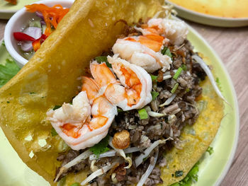 High angle view of seafood in plate on table