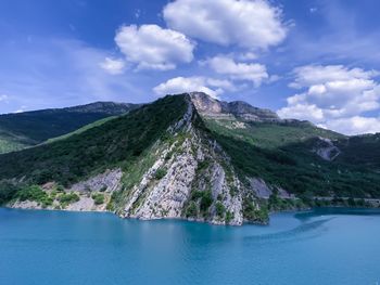 Scenic view of lake and mountains against sky