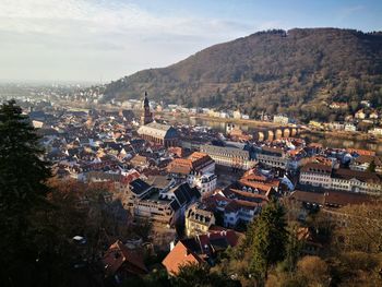 High angle view of town against sky