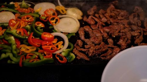 High angle view of chopped vegetables in plate