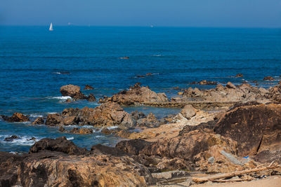 Sunny day at the beautiful coastline and beaches at porto city in portugal