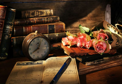 High angle view of rose on table