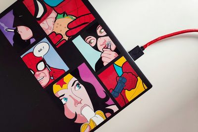 High angle view of information sign on table