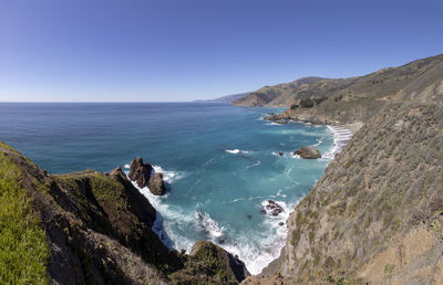 Scenic view of sea against clear blue sky