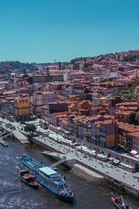 High angle view of townscape against clear blue sky